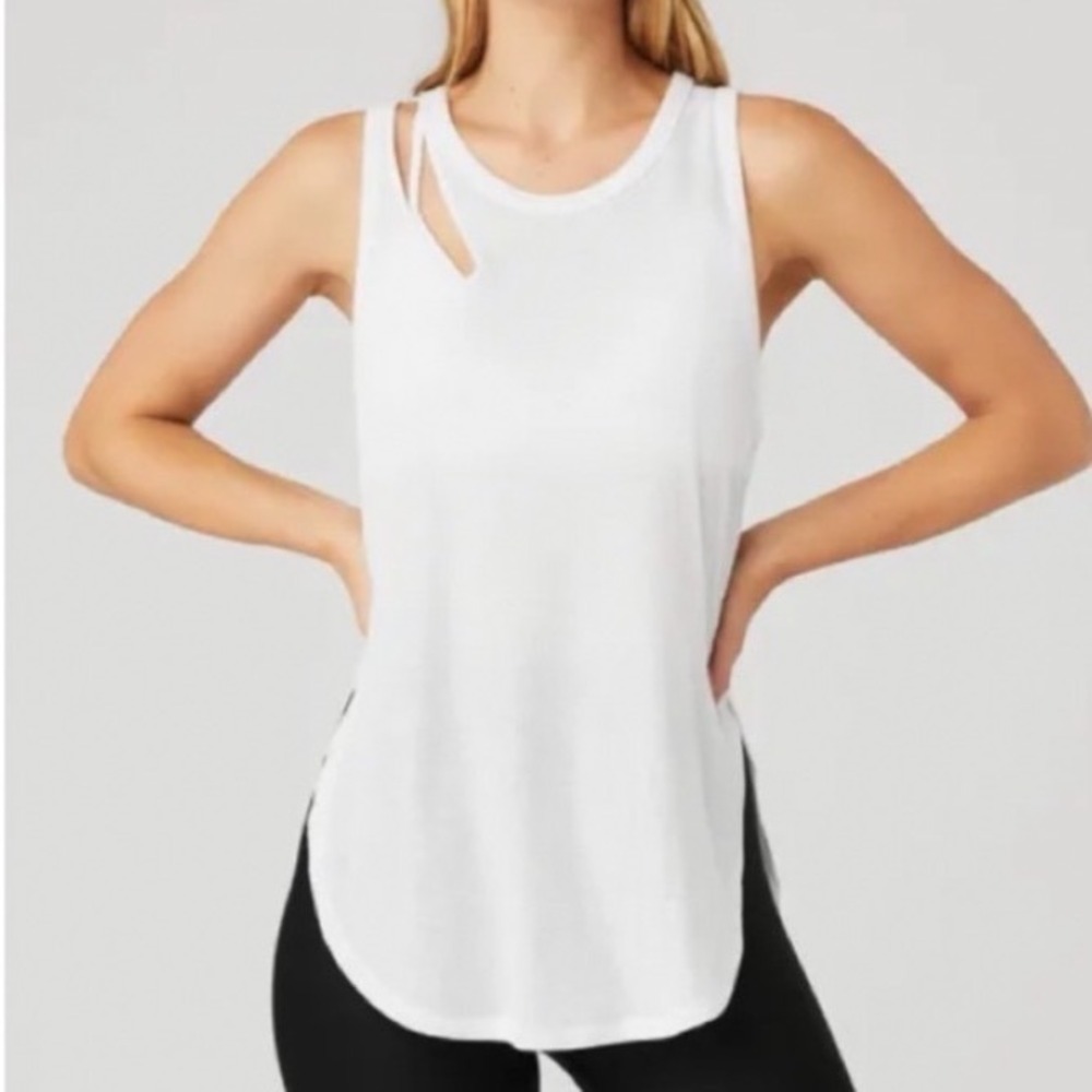 Alo Yoga Women Small Ribbed Cutout Tank Top Cream White Sleeveless Relaxed Fit